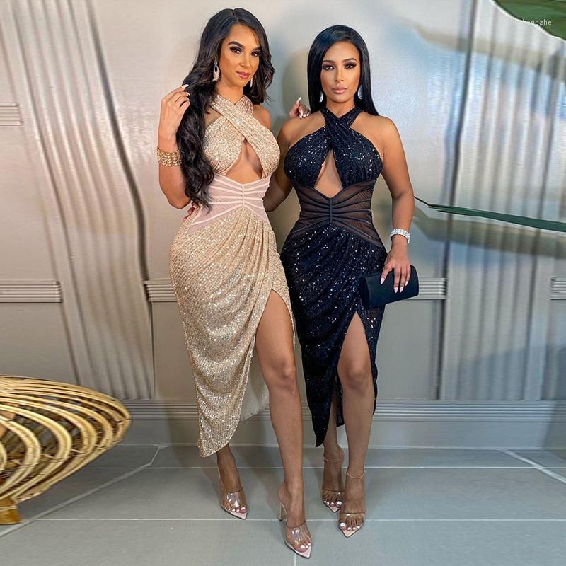 

Casual Dresses Sequins Backless Midi Dress Cross Halter Hollow Out Knee Length Sexy Split Bodycon Birthday Clubwear Christmas Outfits, Black