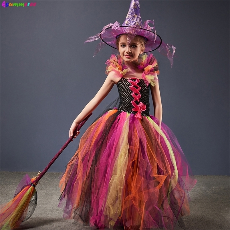 

Special Occasions Evil Witch Halloween Costume for Girls Color Magic Gown Tutu Dress with Hat and Broom Kids Cosplay Carnival Party Fancy Dresses a220826, Witch dress
