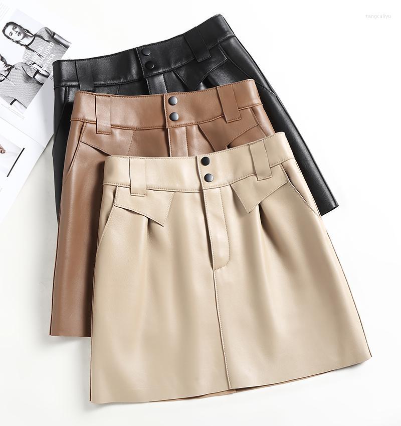 

Skirts Female High Waist Women's Summer 2022 Real Sheepskin Leather Mini Shirt Woman Skirt Ropa Mujer Zjt2368, Black