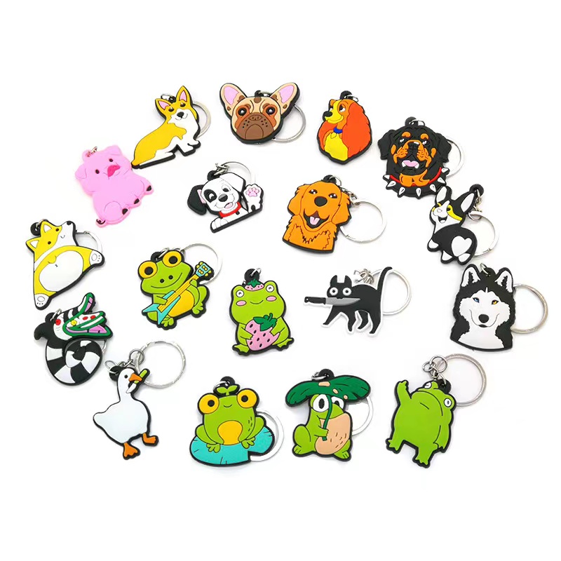 

100pcs PVC key ring cute animal Cartoon Keychains Lovely Mini dog frog cat shape Key holder fit women men kids keys accessories