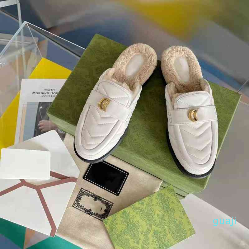 

sheepskin wool home metal buckle flat bottom shoes single shoe lamb wool lazy half slipper female, Black