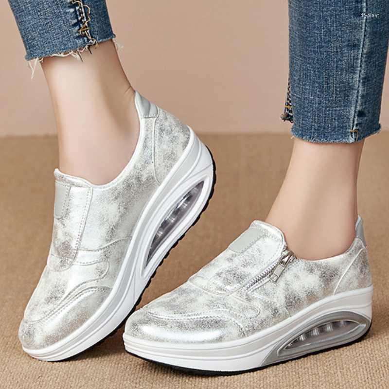 

Dress Shoes Women Casual 4.5cm Platform Silver Leather Pumps Ladies Air Cushion Sport Side Zipper Spring Autumn SneakersDress, Black
