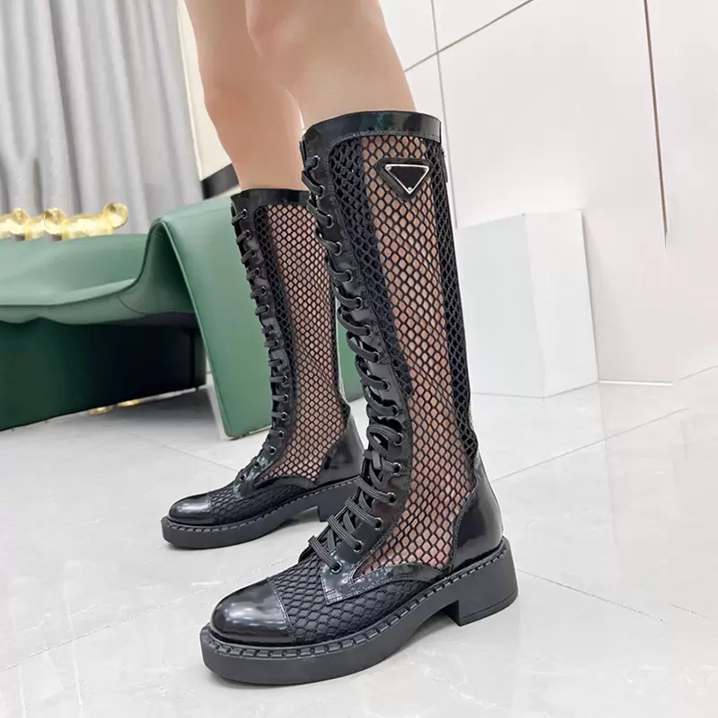 

Designers Desert Black Brushed Leather and Mesh Boots Knee Lace Up Fashion Boot For Women, 11