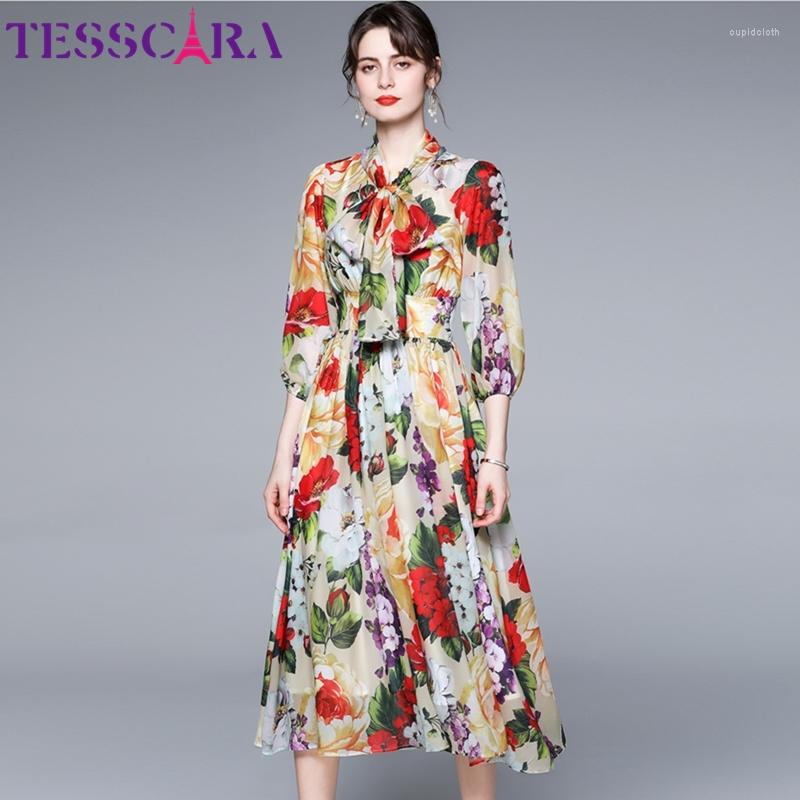 

Casual Dresses Women Summer Elegant Floral Chiffon Dress Festa High Quality Long Party Robe Femme Vintage Bow Designer A-Line VestidosCasual