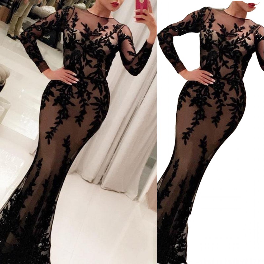 

2022 Sexy Black Mermaid Evening Dresses Wear Long Sleeves Jewel Neck Illusion Crystal Beads Lace Appliques Special Occasion Prom Party Gowns Vestidos De Novia, Gray