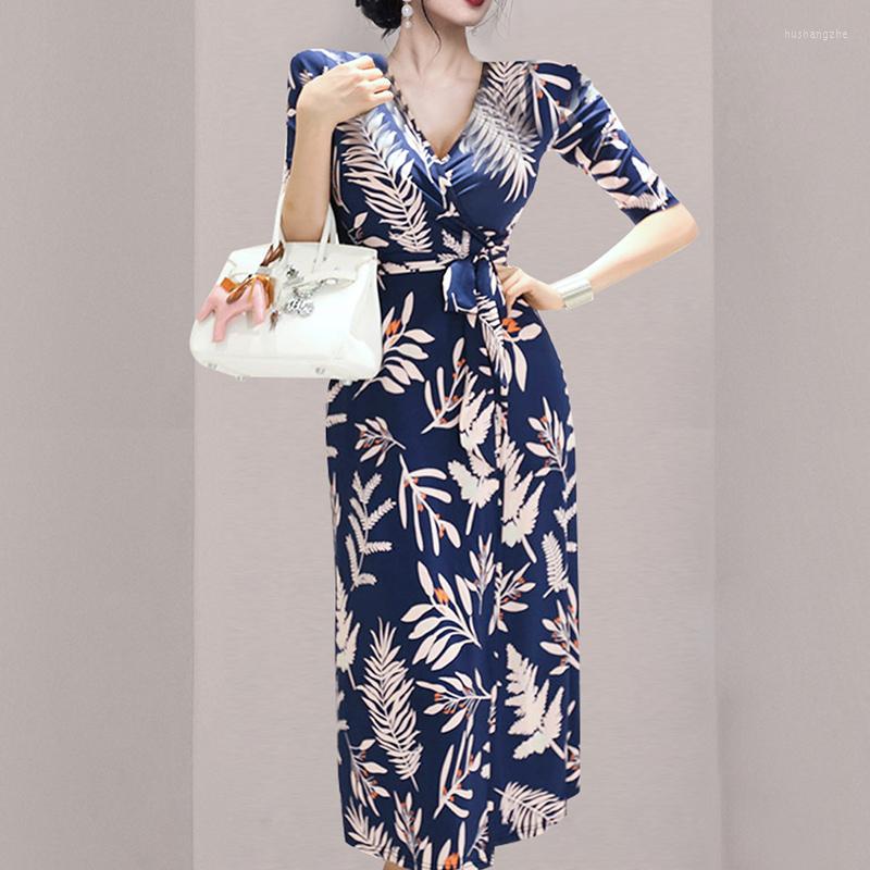 

Casual Dresses Three-quarter Sleeve Floral V-neck Korea Women Bohemian Beach Maxi Wrap Lace-up Elegant Ladies Holiday Dress ClothesCasual, Blue
