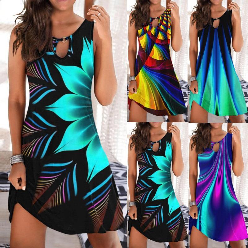 

Casual Dresses For Women Summer Floral Printed Tank Sleeveless Dress Hollow Out Woman 2022 Party SleevelessCasual, Blue
