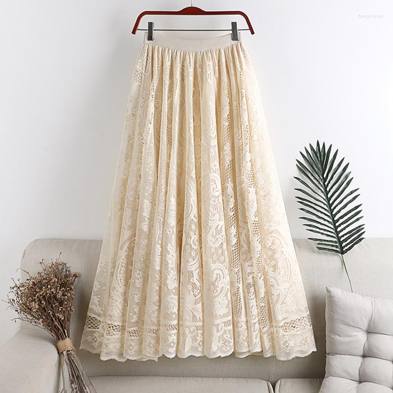 

Skirts Chic Long Lace For Women Spring Floral Hollow Out Solid Teenagers Causal Sweet, Black