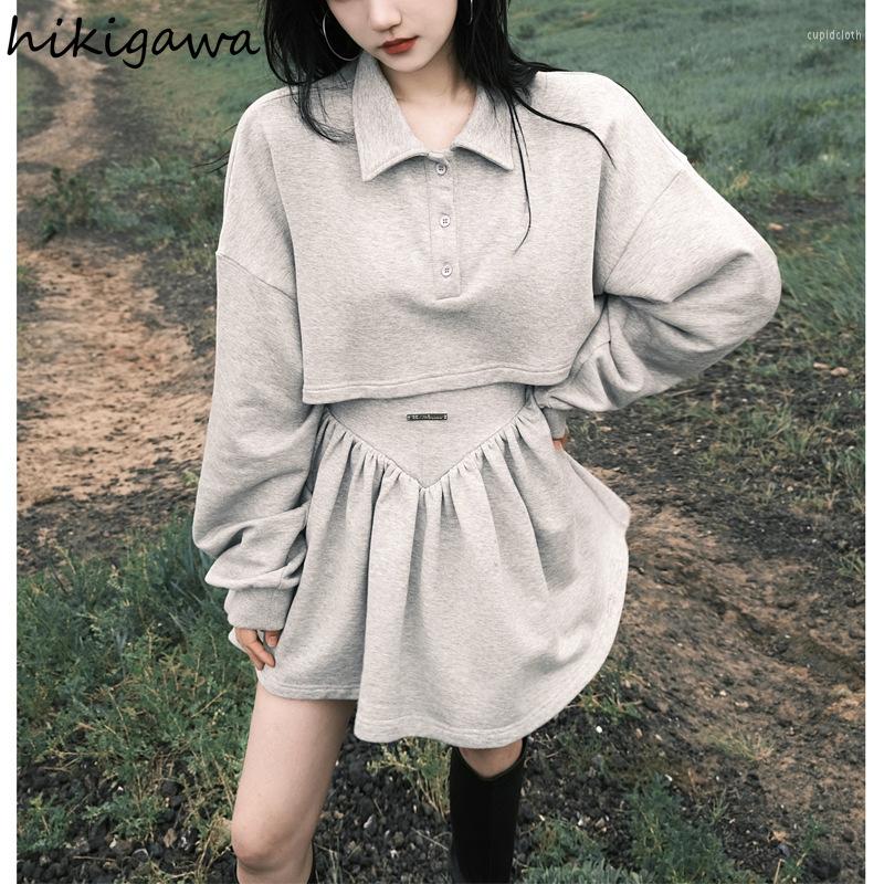 

Work Dresses Hikigawa Fashion Sets 2022 Ropa Mujer Long Sleeve Short Hooded Tops High Waist Mini Skirt Suit Casual Y2k Two Piece Set, Gray