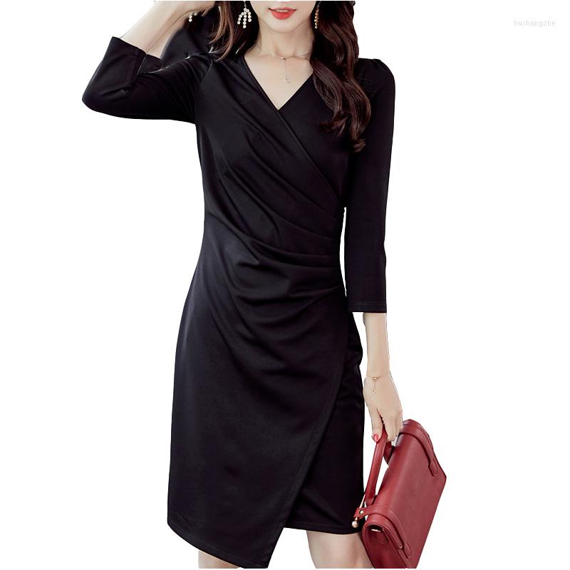 

Casual Dresses 2022 Spring Summer Women Large Size Was Thin Fashion Wild Solid Color Slim Seven-quarter Sleeve Dress Female, Black
