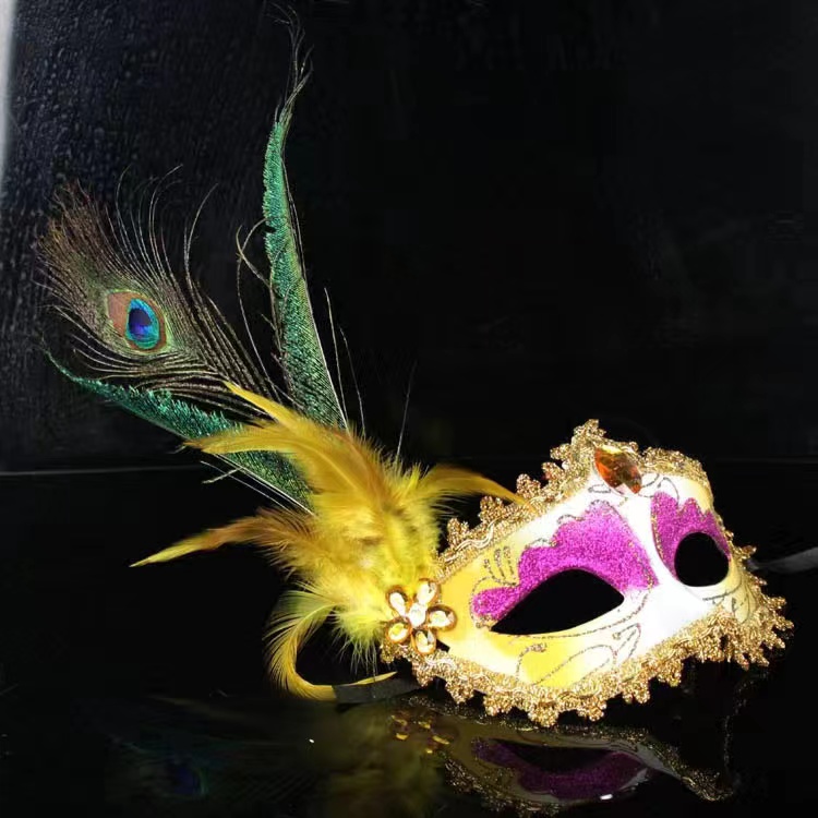 

Theme Costume Halloween Venice Party Ball Masquerade Mask Catwalk peacock feather mask, Yellow feather