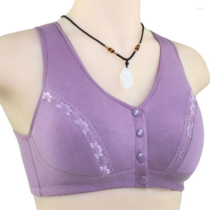 

Bras Soft Cotton Lace Women's Vest-style Middle-aged And Elderly Large Size No Steel Ring Front Buckle BraBras, Purple