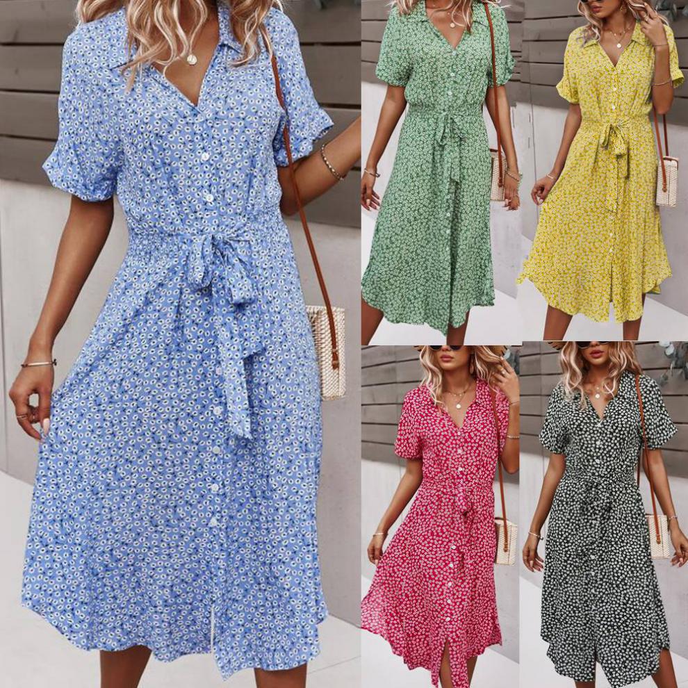 

Spring Women Bandage Dress Summer 2022 New Casual Floral Print Beach Dress Vintage Button Holiday Ladies Chic Dresses Vestidos, Green