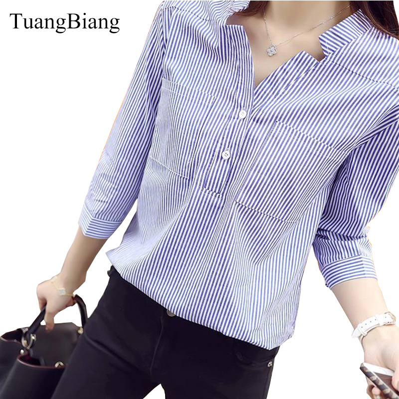 

Women' Blouses Shirts Spring Three Quarter Sleeve Stand Collar Shirt Women Blue And White Striped Loose Plus Size Blouse Female Vintage Tops 220826