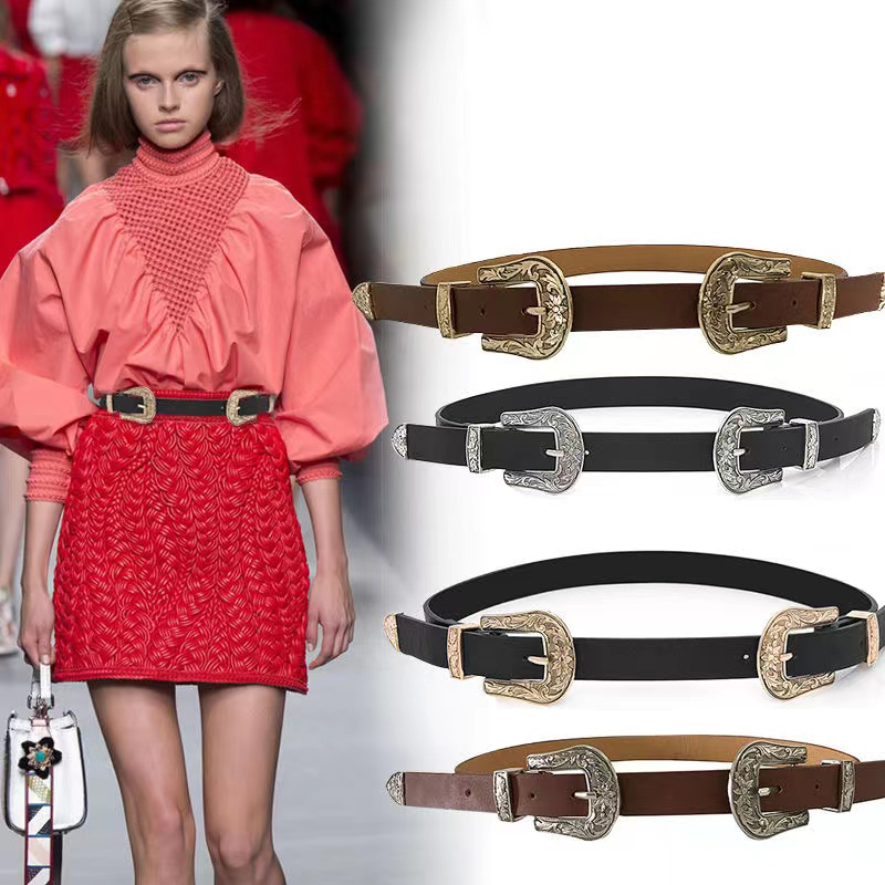 

2022 designers belts Fashion Leather with Double Floral Embossed Buckles womens high quality Vintage Silver Golden Big Carved Buckle Strap Belt for Dresses, Contact me get more styles