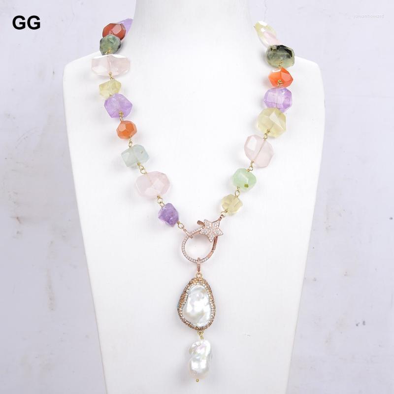 

Pendant Necklaces Jewelry Natural Multi-Color Citrines Rose Quartzs Amethysts Prehnites Necklace White Keshi Pearl For Women Lady GiftPendan