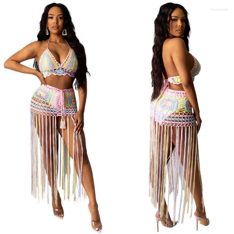 

Women' Swimwear Women' Women 2pcs Bikini Sets Fashion Knitted Hollow Out Beach Cover-Ups Beachwear Skirts Cami Top