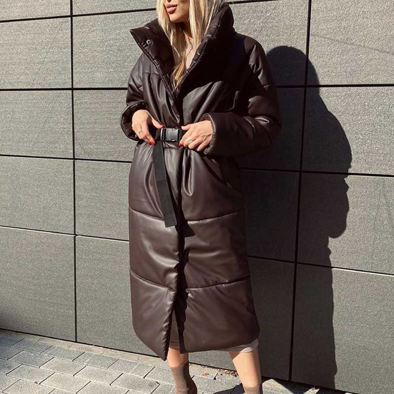 

Womens Down Parkas Winter Warm Leather Fashion Straight Loose Pockets Coats Elegant Long Cotton Jackets Female Ladies 220826, Darkbrown