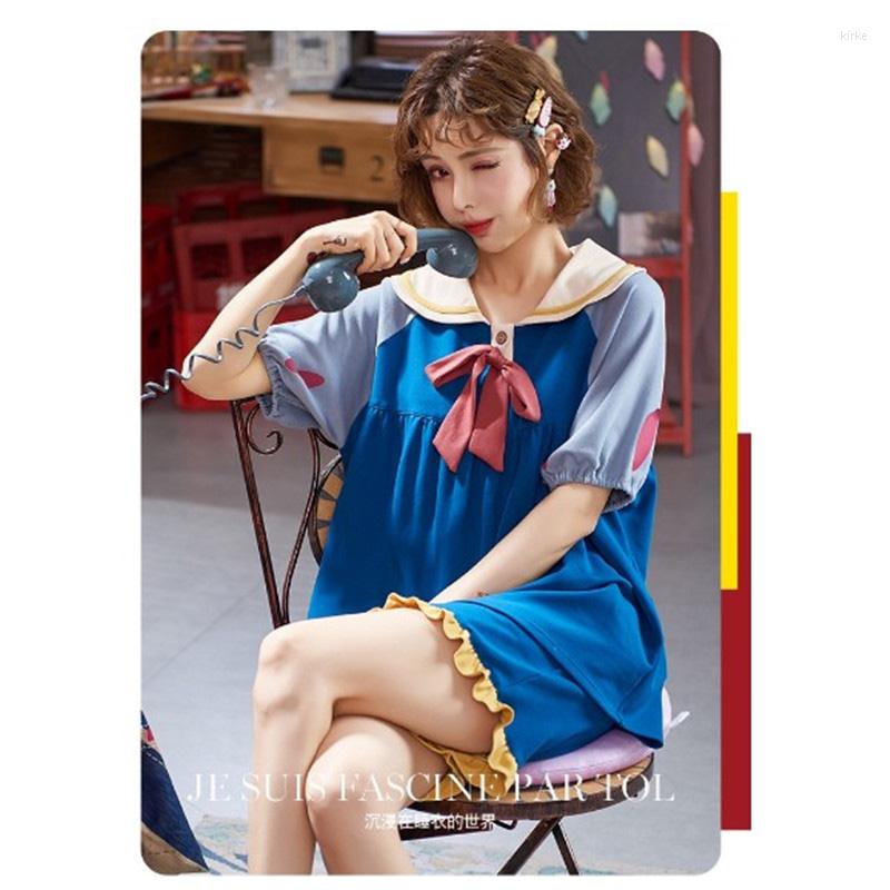 

Casual Dresses Pajamas Women's Summer Thin Lovely Short Sleeve Cotton Two Piece Suit Home Pure Color Women SleepwearCasual, Njr-qm565