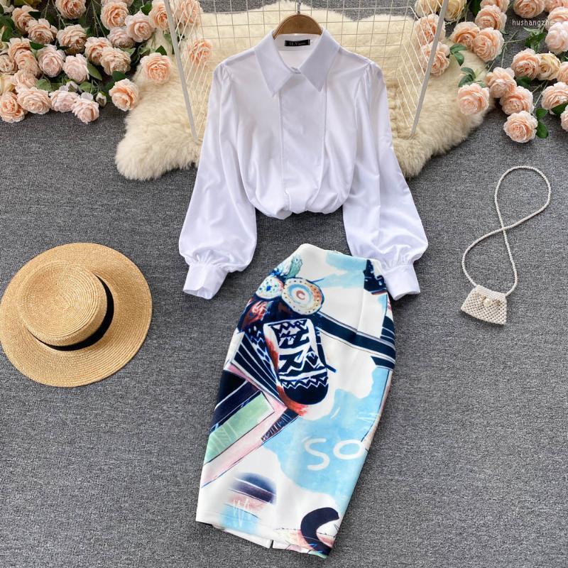

Work Dresses Women' Retro Fashion Long Sleeve White Blouse Western Style Printed High-waist Skirt Lady Office Two-piece SetWork