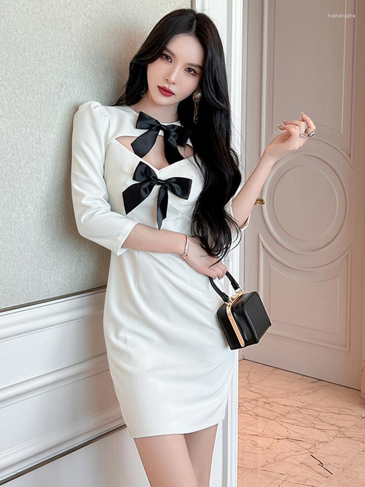 

Casual Dresses Chic White Elegant Women Evening Dress Sweet Bow Hollow Low Cut O-Neck Mini Club Birthday Femme Sexy Mujer Vestidos Festa