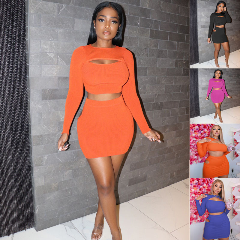 

Two Piece Dress Autumn and winter sexy hollow out tight short skirt long sleeve T suit skirt, Blue