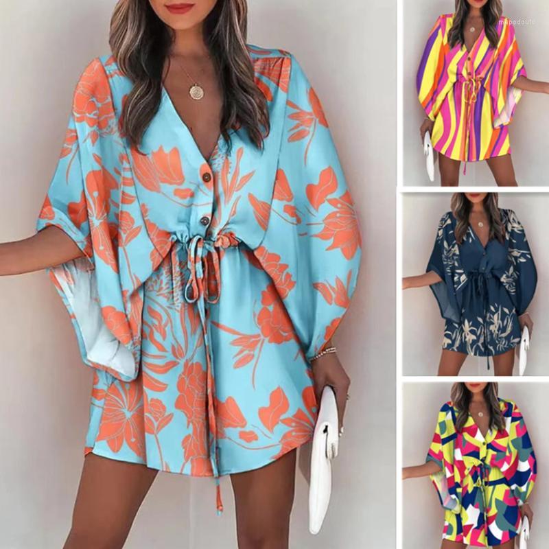 

Casual Dresses Bohemian Batwing Sleeve Women Dress Three Quarter Loose Waist Placket Lace Up Lady Vestidos De Verano Mujer