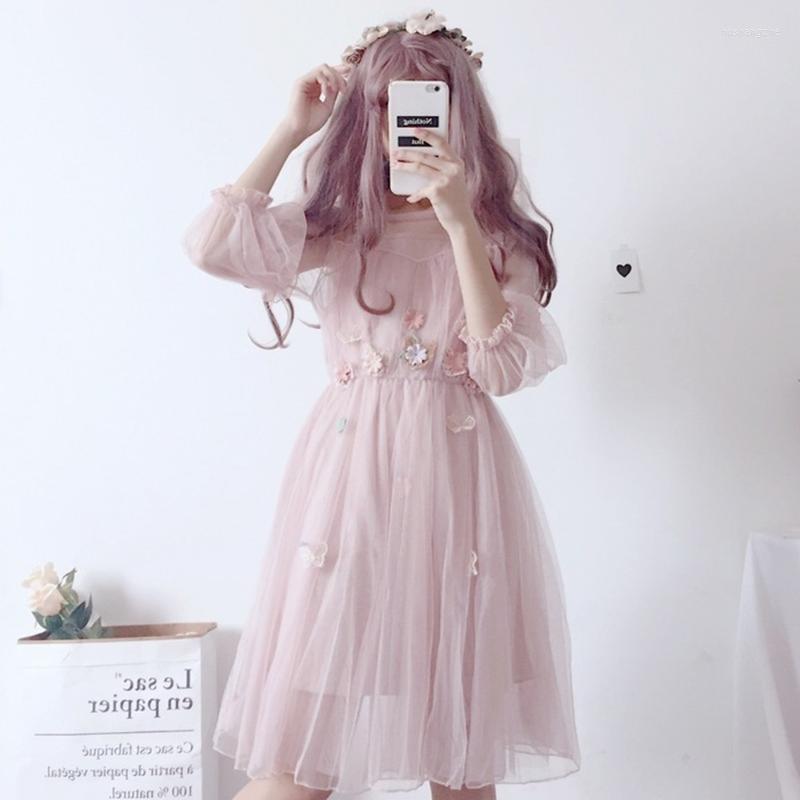 

Casual Dresses Summer Japanese Lolita Lace Dress Soft Kawaii Floral Vintage Flowers Petals Applique Women Sexy Clothing Sweet Pleated Femme, White
