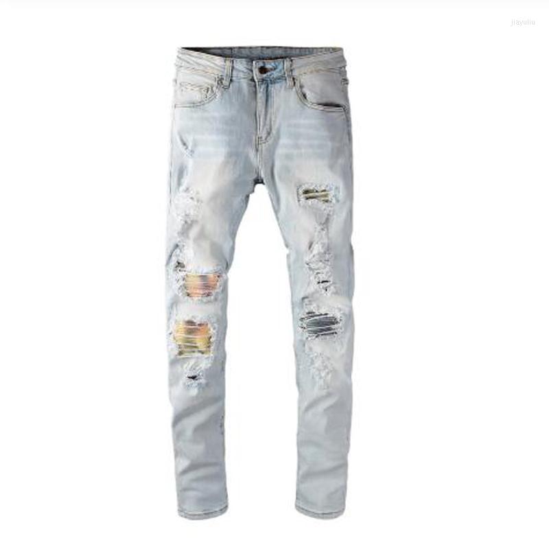 

Men's Jeans Men's Light Blue Colored Patchwork Pleated Ripped Biker Streetwear Slim Skinnt Stretch Denim Tapered Pants Trousers