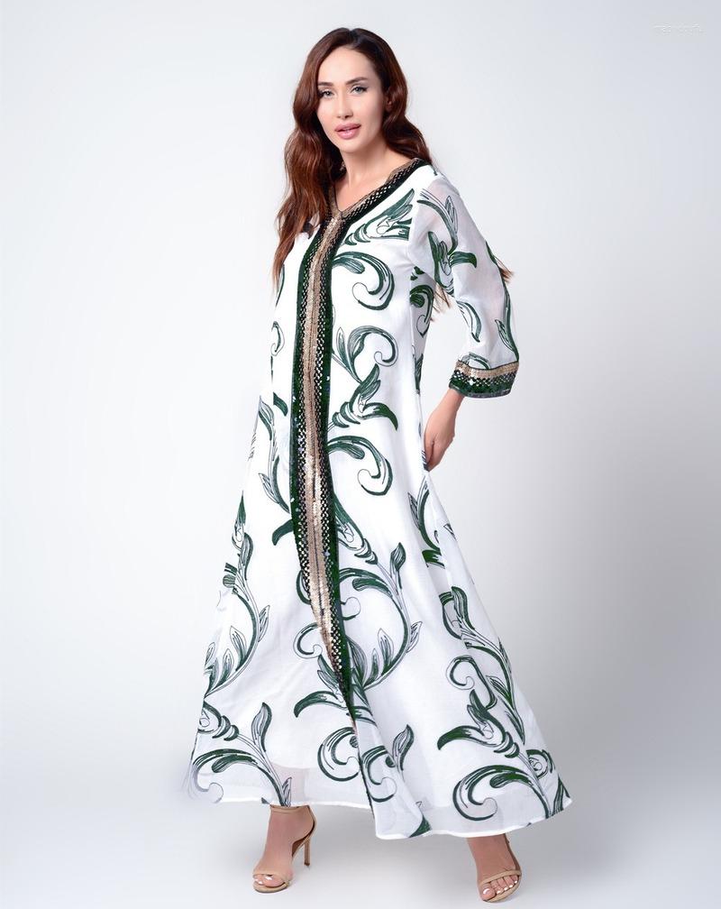 

Casual Dresses Ethnic Sequins Embroidery Maxi Dress For Women 2022 Eid Ramadan Jalabiya Duabi Turkey Kaftan Arabic Islamic Clothing, White green dress