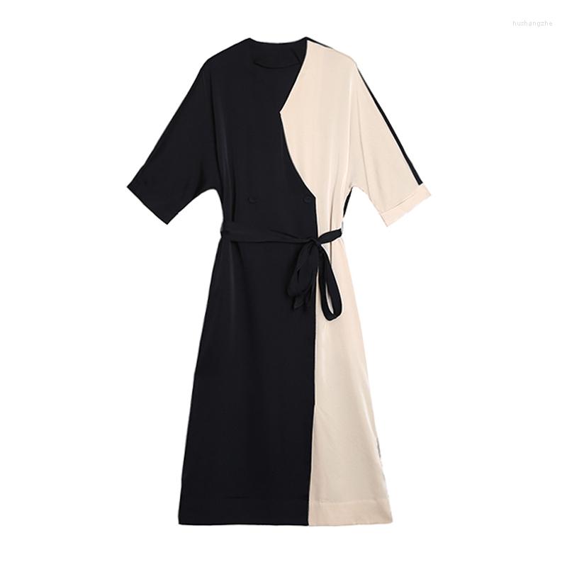 

Casual Dresses PERHAPS U Black Khaki Patchwork V Neck Half Sleeve Knee Length Dress Women Elegant D1052, Beige