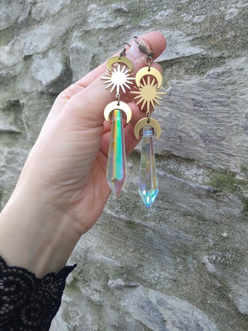 

Dangle Earrings Celestial Long Ab Crystal Crescent Moon Sun And Raw Antique Gold EarringsDangle & Chandelier
