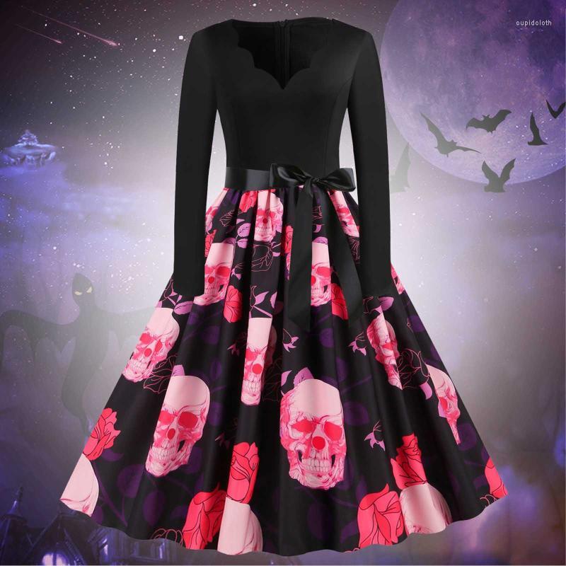 

Casual Dresses Women Gothic Halloween Print Short Sleeve V Neck Dress Vintage DressCasual, Black