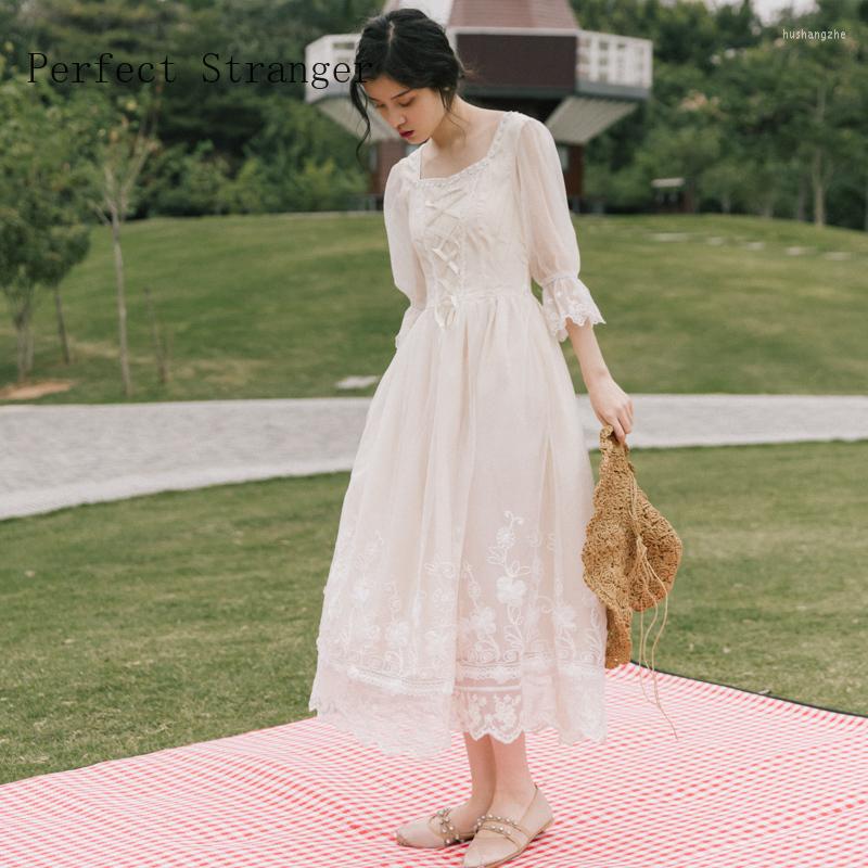 

Casual Dresses 2022 Summer Arrival High Qualirt Princess Style Elegant Square Collar Flare Sleeve Lace Women Chiffon Long Dress, Creamy-white