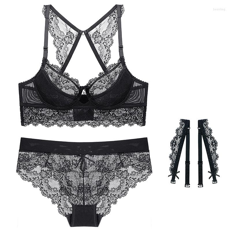 

Bras Sets Lace Thin Cotton Cup Super Beautiful Back Bra Side Closed 5 Breasted Sexy Set