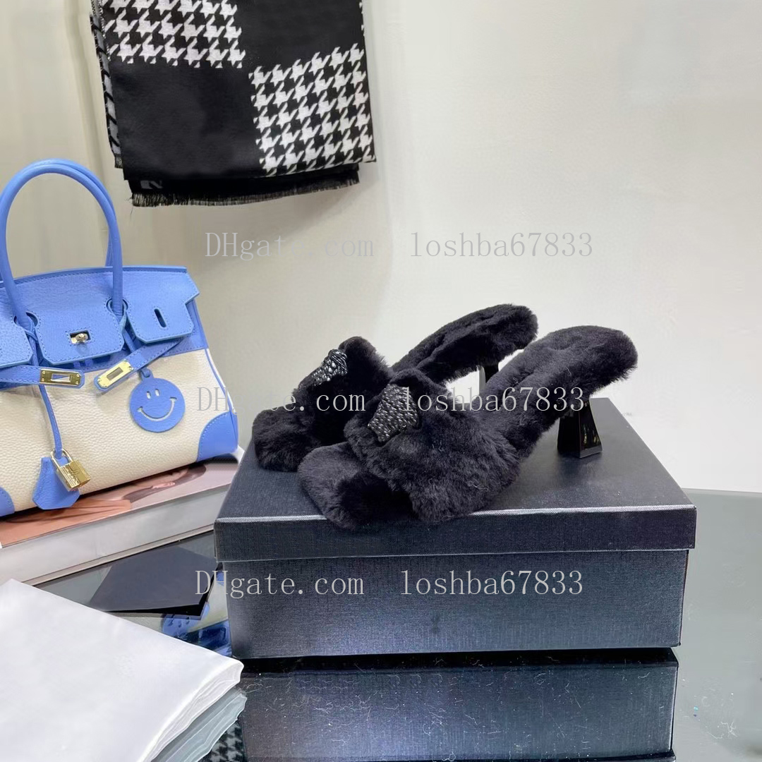 

Top quality wool slippers fashion metal buckle high heels warm box size 35-42, Matching box