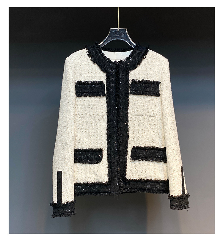 

2022 Autumn Round Neck Tweed Panelled Jacket Black White Contrast Color Long Sleeve Classic Sequins Jackets Coat Short Outwear 22G186357