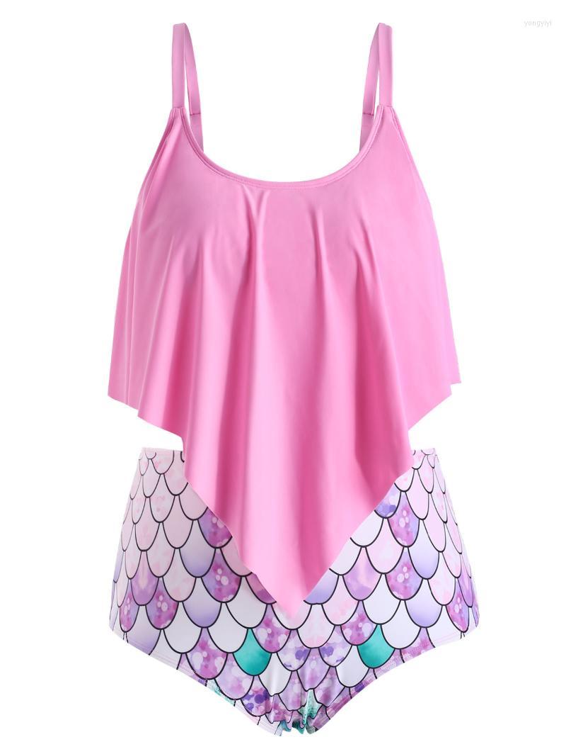 

Bikinis Set Wipalo Plus Size Ruffle Fish Scale Print Tankini High Waist Women Swimsuits Scoop Neck Padded Two Piece Sets Swimwear Beach
