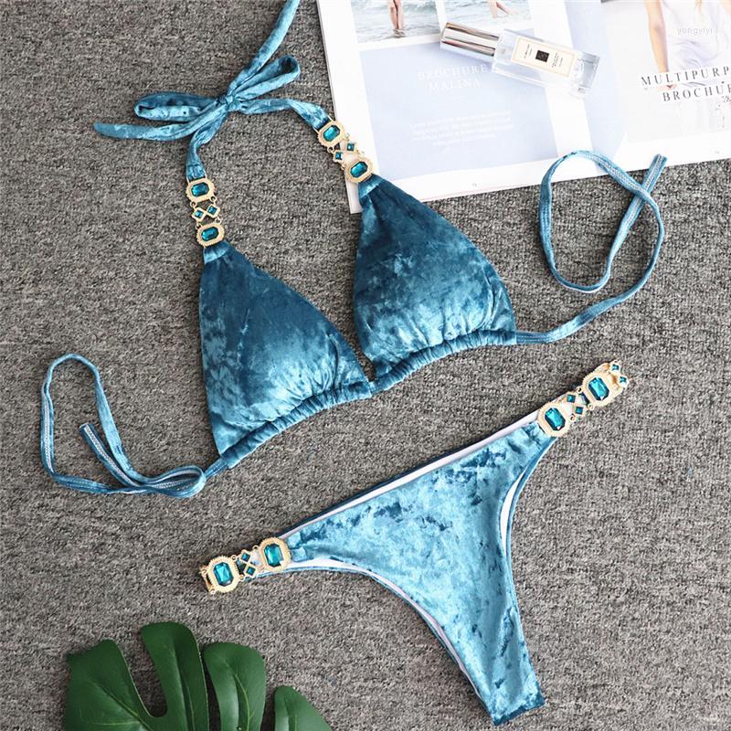 

Bikinis Set Blue Gold Velvet Female Split Swimsuit Push Up Suit Sexy Halter Bikini 2022 Crystal Diamond