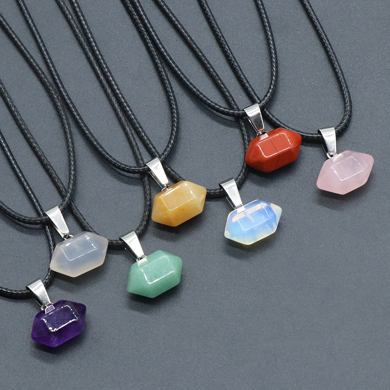 Natural Stone Pendant necklaces Chakra Reiki Healing Hexagonal Opal Pink Quartz Crystal Pendulum Necklace-image-795305146