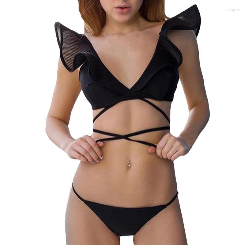 

Bikinis Set Fashion Bikini 2022 Women Summer Cover Up Sexy Swimsuit Pure Color V-Neck Bandage Camisole Beachwear Monokini A50