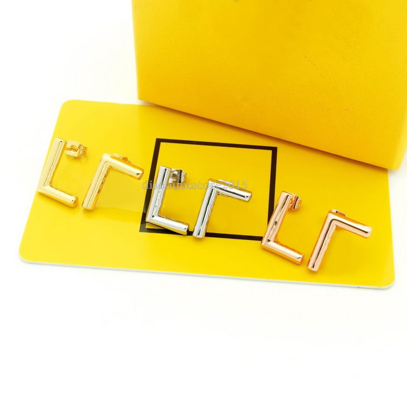 

Europe America Fashion Simple Style Stud Earrings Lady Women Gold/Silver/Rose Color Hardware Engraved Letter F 18K Plated Gold Earring