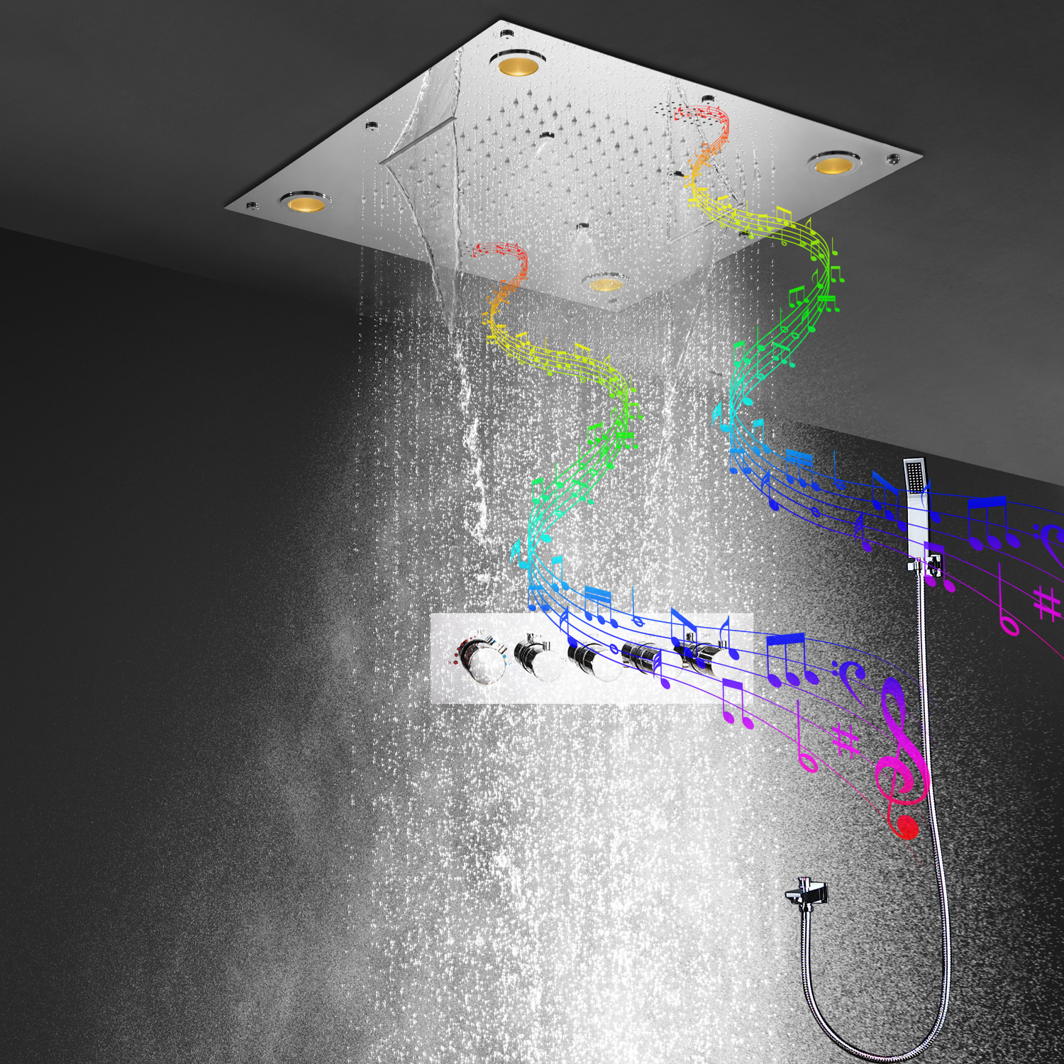 High Quality Music LED Shower Set 24 Inches 600x600mm Multi Functions Rainfall Waterfall ShowerHead Bath Thermostatic Mixer Faucet System-image-795274151