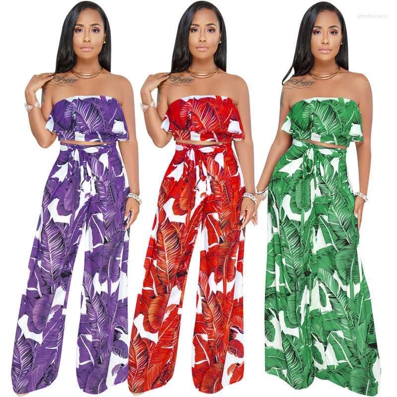 

Women' Tracksuits 2022 Summer Sexy Print Suits Sleeveless Tube Top Wide Leg Ruffles Pant With Belt Pattern Two-Piece Women Streetwear, Purple