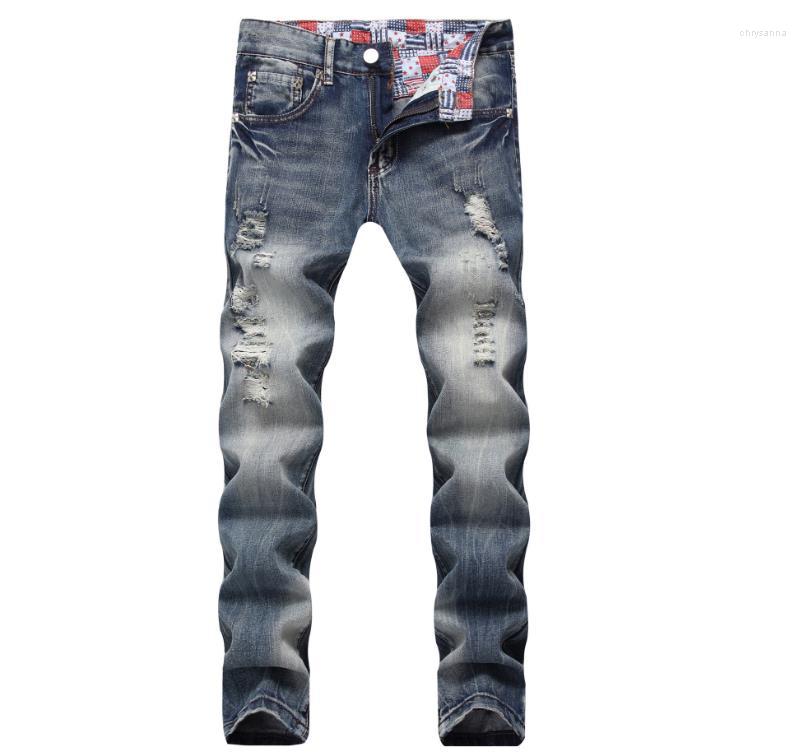 

Men's Jeans Ripped Straight Men's Washed Distressed Denim Fashion Casual Long Trousers High Qulaity Szie 28-42, Blue