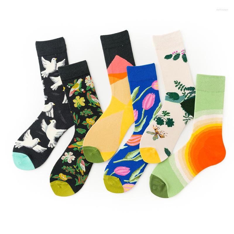 

Men's Socks 2022 Harajuku Beauty Novelty Bird Dove Frog Funny Tulip Women Flowers Art Happy Men Casual High Quality Sox