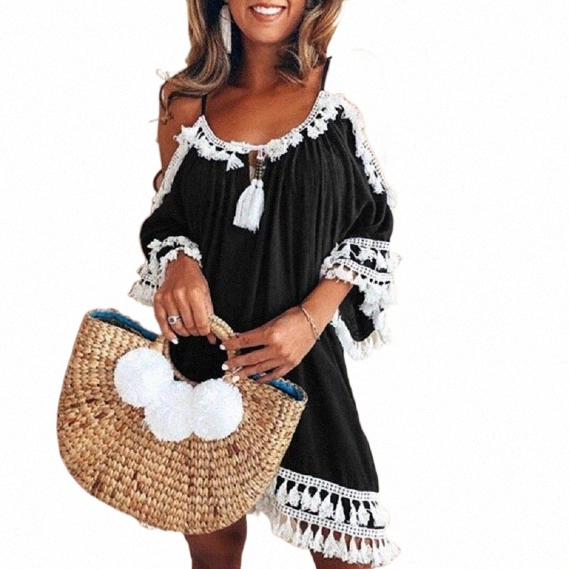

casual Dresses Ladies Summer Skirt Halter Neck Fringed Off-shoulder Dress Solid Color Sun 2021 Fashion Plus Size Women' Clothing B4PJ#