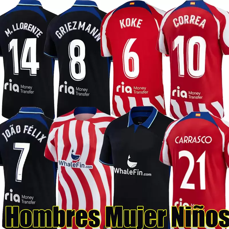 

Top JOAO FELIX 2022 2023 soccer jerseys 22 /23 M. LLORENTE SUAREZ Correa camiseta football shirts men kids kit Set GRIEZMANN R. DE PAUL Cunha CARRASCO Atletico MadridS, Lavender