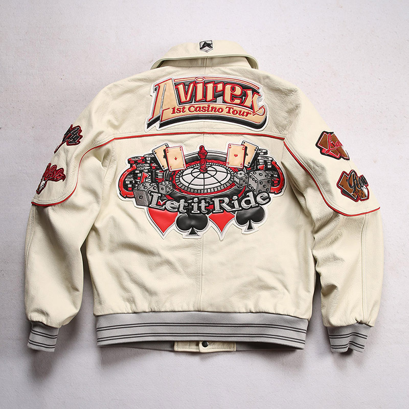 

AVIREX Hip Hop Wide Version Sheepskin leather jacket classic casino embroidery foam texture, Ivory