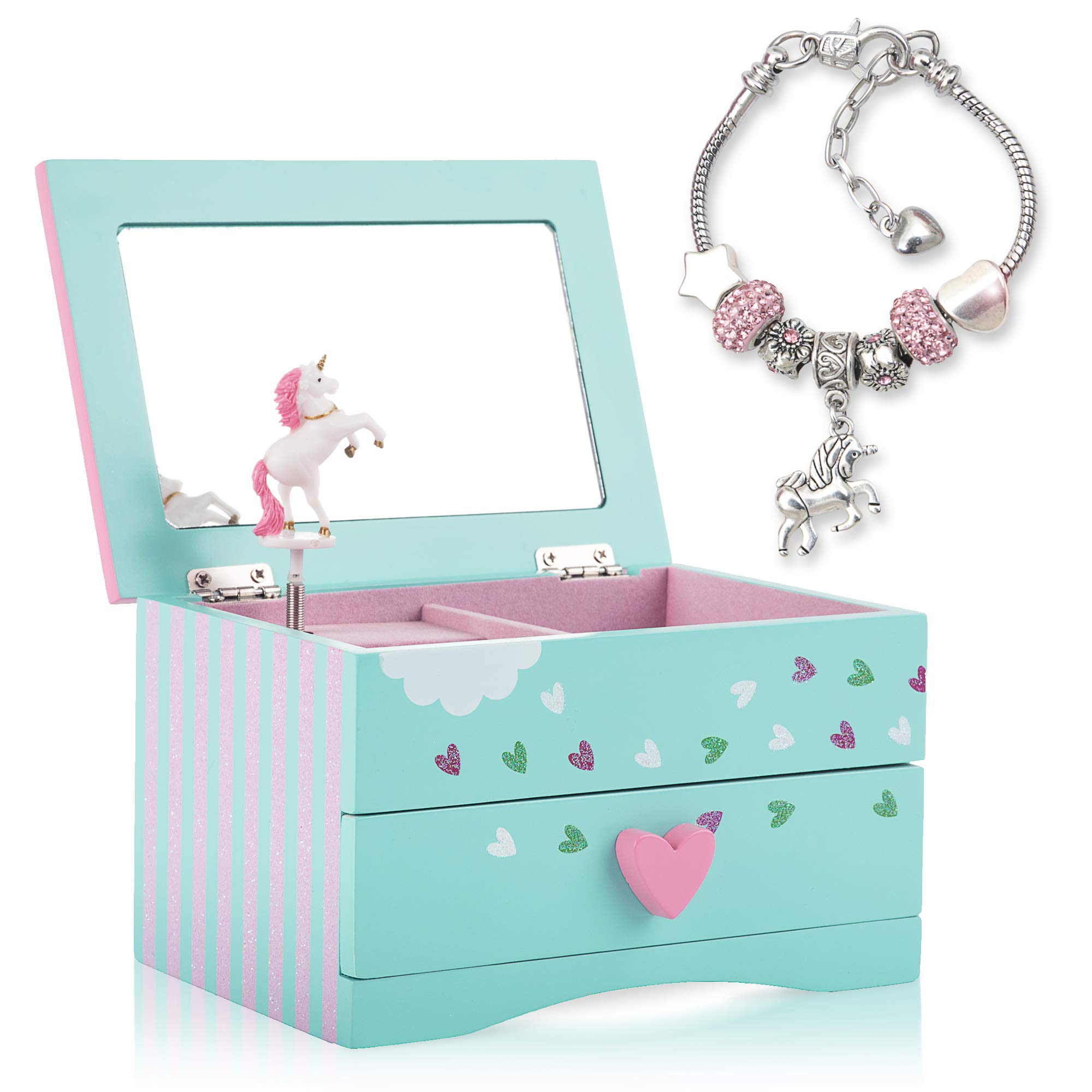 

Amitie Lane Unicorn Jewelry Box For Girls Two Unicorn Gifts Plus Augmented Reality App STEM Toy Music Charm Bracelet Mint Green amWTp